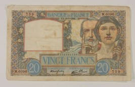 1941 France 20 Francs Note // &quot;Science et Travail&quot; Fine Condition // P#92b - £81.83 GBP