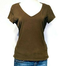 H&amp;M Basics Size M Solid Olive Green V-Neck Short Sleeve Shirt Blouse Wom... - $7.85