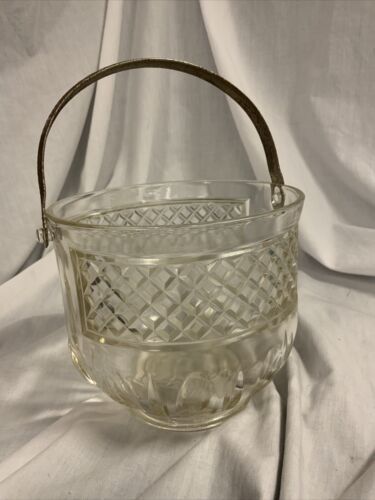 MCM Diamond Pattern Pressed Glass Ice Bucket with Hammered Metal Handle Barware - $8.51
