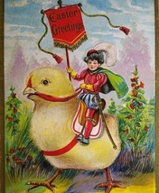 Easter Postcard Fantasy Knight Riding Giant Baby Chick Renaissance Gent Vintage - £14.22 GBP