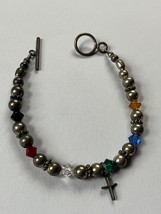 Small Nonmagnetic Hollow Silver w Colorful Plastic Bead &amp; Tiny Cross Charm Dangl - $13.09