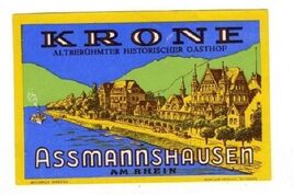 Krone Altberuhmter Historischer Gasthof Luggage Label Assmannshausen Ger... - $13.86