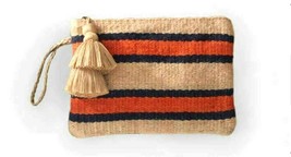 J Jill Wristlet Clutch Tan Orange Navy Striped Hand Bag Wallet Jute Tassel New - £31.17 GBP