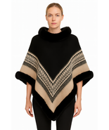 Chevron Trim Poncho With Faux Fur Collar - $45.75