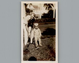 Antique 1940&#39;s Raking the Garden with Dad - Black &amp; White Photography Photo - $8.52