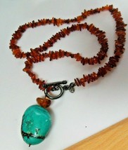 Designer Turquoise &amp; Amber Pendant Necklace  925 Sterling Silver 19.5&quot; - £97.31 GBP