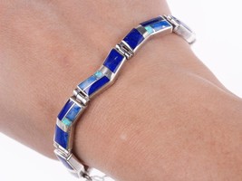 6.5&quot; Kenneth Bitsie Navajo Lapis and Opal high grade sterling channel inlay brac - $430.65