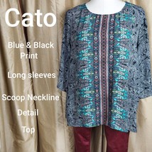 Cato Black &amp; Blue Print Long Sleeves Detail Blouse Size 18/20W - £9.48 GBP