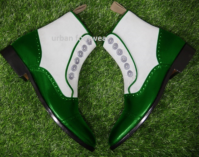 New Mens Handmade Stylish Formal Boot, White Suede & Green Leather Casual Wear
