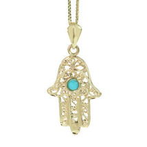 Hamsa Pendant 14K Yellow Gold with Filigree Decorations and a Turquoise Stone - £229.45 GBP