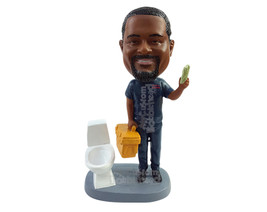 Custom Bobblehead Plumber guy finishing fixing a toilet issue holding a tool&#39;s b - £79.41 GBP