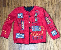 Vintage Artsy Abstract Blazer Jacket Medium Whimsical Funky New Wave Sta... - $24.75