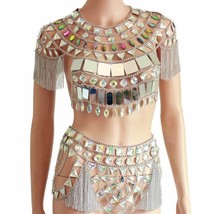 Beautifull Hollow Out Beaded Sexy Two Piece Set Crystal Top And Tassel Skirt 202 - £300.17 GBP