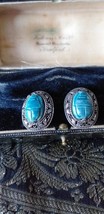 Antique Vintage 1940-s Solid Silver Egyptian Scarab Beetle Clip On Earri... - £100.91 GBP