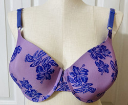 Size 46D Fruit of Loom T-shirt Bra Form Fitting Purple Floral Full Coverage - £12.68 GBP