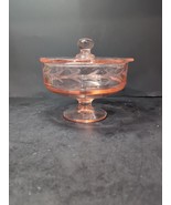 Art Deco Pink Depression Glass Candy Box, Floral Etched Lid Footed Round... - $564.50 MXN