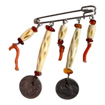 Southwest Brooch Carved Beads Red Coral Amber Accents 1936 Buffalo Nicke... - $579.94 MXN