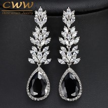 CWWZircons Brand High Quality Silver Color Long Black Crystal Drop Earring Fashi - £12.35 GBP