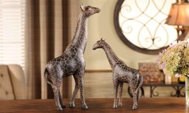 Brown Giraffe Figurine Set of 2 Mother with Baby 14" and 9" High Poly Stone