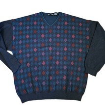 Y2k Mens XXL Preppy Sweater Wool Blend Checkered Diamond Navy Blue Pink ... - £33.55 GBP