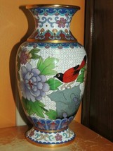 Vintage Cloisonne 8&quot; Vase White Green Red Purple Enamel Stone Brass Bird Flowers - £38.98 GBP