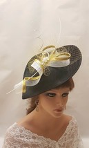 BLACK, &amp; GOLD Hat Fascinator Long Quill Feathers,Gold French Netting detail Wedd - £55.05 GBP