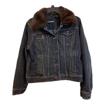Liz Claiborne Women’s Denim Dark Blue Denim Jean Jacket Large L Faux Fur Collar - £39.01 GBP