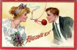 Halloween Couple Bobbing Apple by Smoking Candlelight 1910 Tuck Postcard V16 - £23.94 GBP