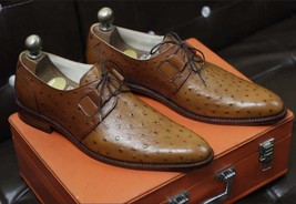 Handmade men&#39;s bespoke Tan embossed ostrich leather formal lace dress shoes - £144.66 GBP+