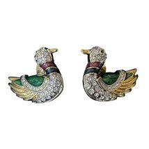 Vtg Earrings Mallard Duck Bird Jadeite Rhinestones Clip Back  1 3/8" - $39.60