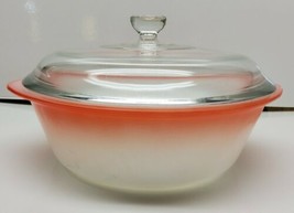 Vintage Glasbake Orange/Red Fade White Milk Glass Dish J-514 2 QT w/ Lid... - $39.84