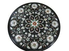 Elegant Round Black Marble Coffee Table with Mother of Pearl Inlay Artisan Stone - £1,281.22 GBP