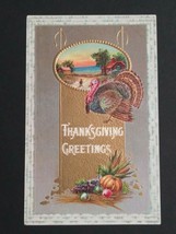 Thanksgiving Greetings Turkey Pumpkin Gold Embossed c1910s Solomon Bros Postcard - £6.38 GBP