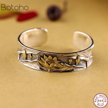 Lotus flower lotus leaf bangles for women 17mm width open bangles solid 925 thai silver thumb200