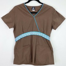 Cherokee Studio Brown Blue Trim Tie Back Scrub Top Shirt Size XS - £5.45 GBP