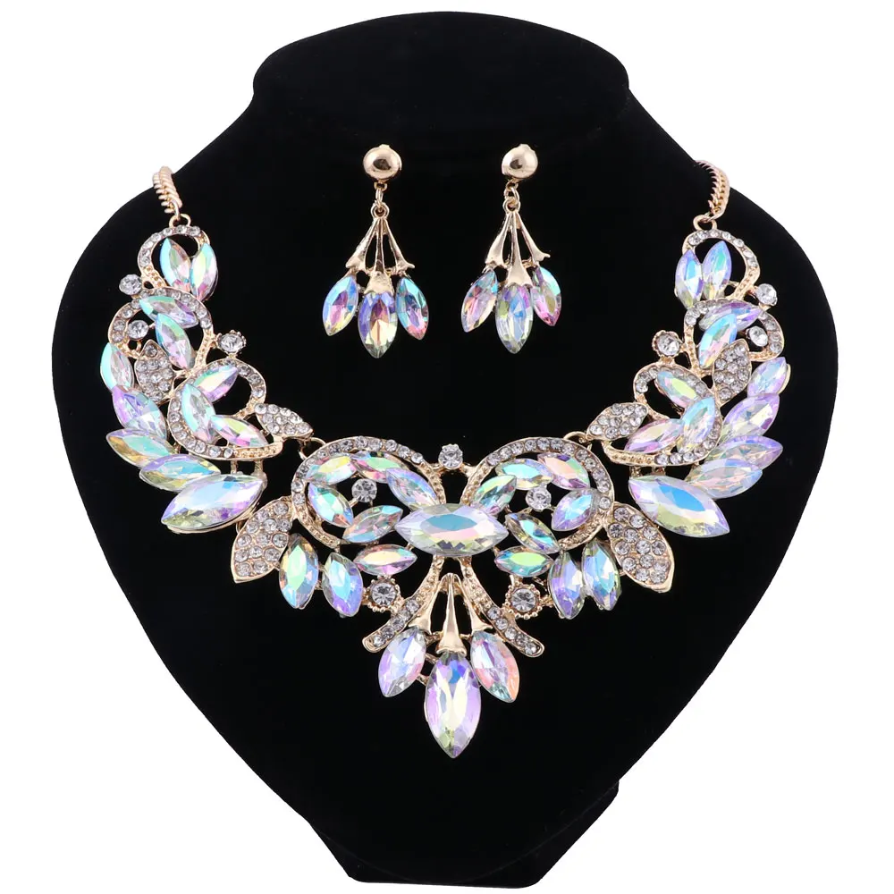 Fashion Blue Crystal Necklace Earrings Set Bridal Jewelry Sets for Brides Weddin - £20.27 GBP