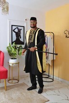 Gold and Black Agbada Babariga 3 Pieces Men Groom Suit African Clothing ... - £131.59 GBP+