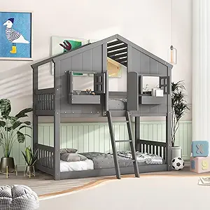 House Bunk Bed Twin Over Twin For Kids Girls Boys, Wood Slat Support, Wi... - $1,186.99