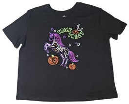 Girls Black &amp; Neon Unicorn Trick or Treat Halloween T-Shirt Tee Shirt Si... - £5.98 GBP