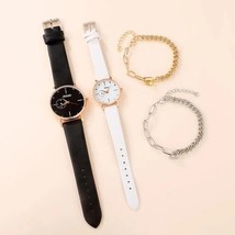 4Pcs Men’s &amp; Women&#39;s Fashion Black White Pleather Watches/2 Bracelets Brand New - £12.49 GBP
