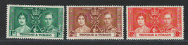 TRINIDAD &amp; TOBAGO 1937 VERY FINE MLH STAMPS Scott # 47-49  &quot; CORONATION ... - $1.59