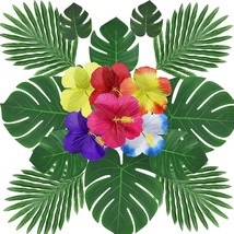 88Pack Artificial Palm Leaves Hibiscus Flowers Tropical Party Decorations, Simul - £28.46 GBP