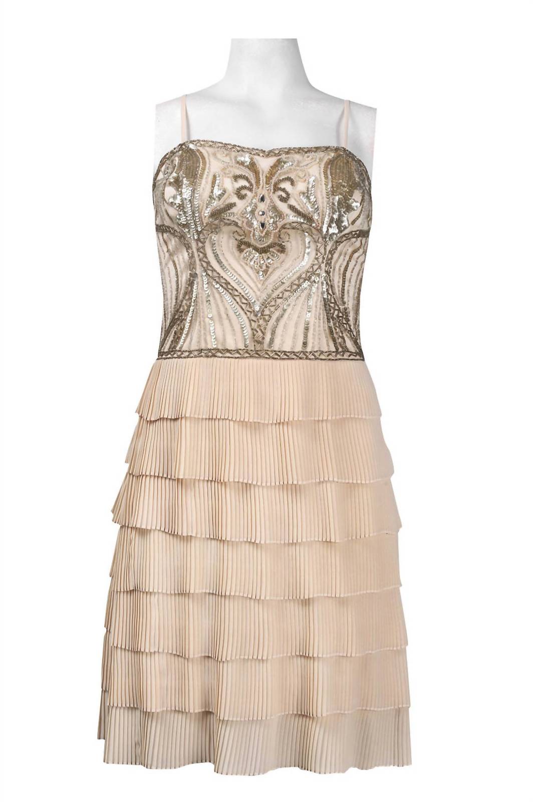 Sue Wong spaghetti strap beaded accordion dress in CHAMPAGNE