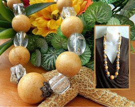 Vintage Necklace Wood Strand Clear Plastic Lucite Beads Chunky Long - £18.38 GBP