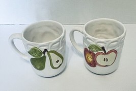 Sanor Ceramica Coffee Mugs White Basket Weave Raised Fruit Made in Portugal Two - £15.73 GBP