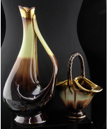 Vintage Germany Drip pitcher and basket - brown green glaze Pottery - ce... - $115.00