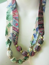 Prairie Floral Garden Paisley Print Fabric Sash Necklace Knotted Beads L... - $15.20