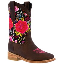 Kids Western Boots Flower Design Brown Leather Square Toe Cowgirl Botas - £43.25 GBP