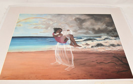 African American Painting Footsteps In The Sand Oil On Canvas Lithograph 13x10 - £20.04 GBP