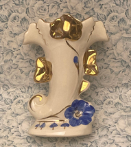 Vintage ceramic vase cornucopia shape art nouveau style blue gold hand painted - £3.99 GBP